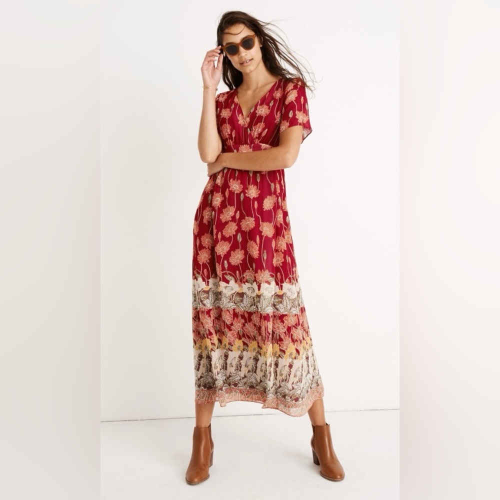 Madewell Tulip-Sleeve Boho Maxi Dress in Tall Sunflowers Side Slit V-Neck Size 0
